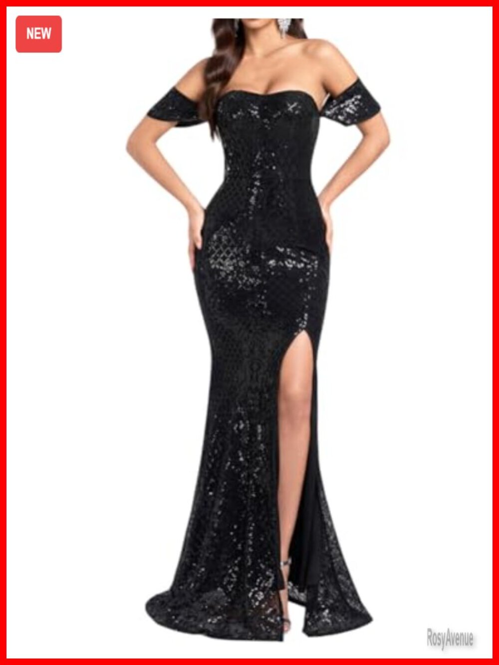 Sequin Off Shoulder Maxi Prom Dress Side Slit Backless Formal Gown